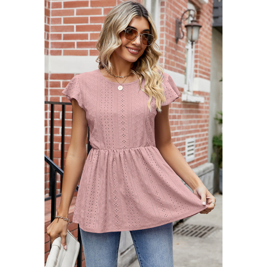 Tied Ruffled Round Neck Peplum T - Shirt Apparel and Accessories