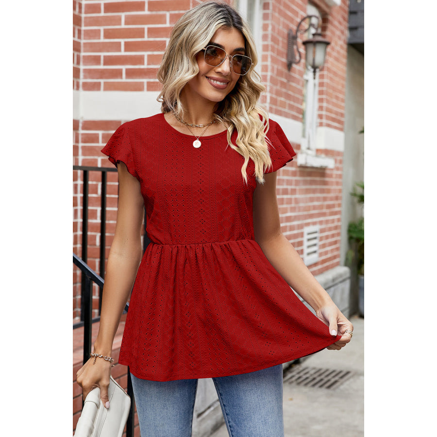 Tied Ruffled Round Neck Peplum T - Shirt Apparel and Accessories