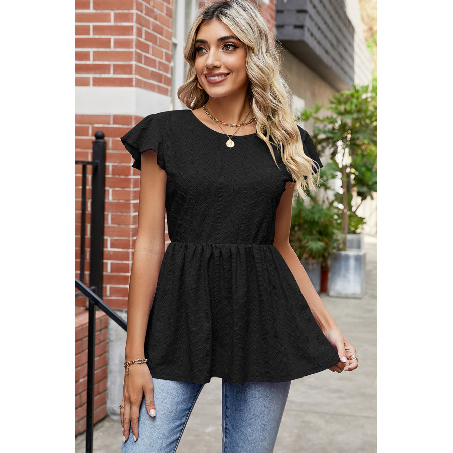 Tied Ruffled Round Neck Peplum T - Shirt Black / S Apparel and Accessories