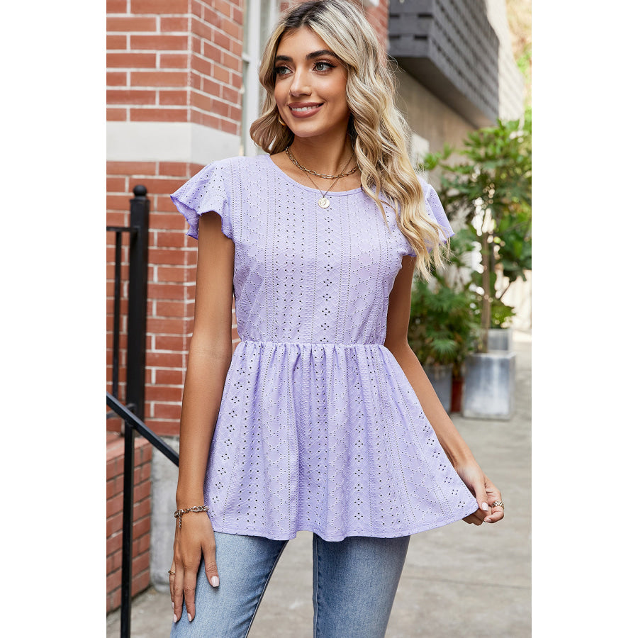 Tied Ruffled Round Neck Peplum T - Shirt Lavender / S Apparel and Accessories