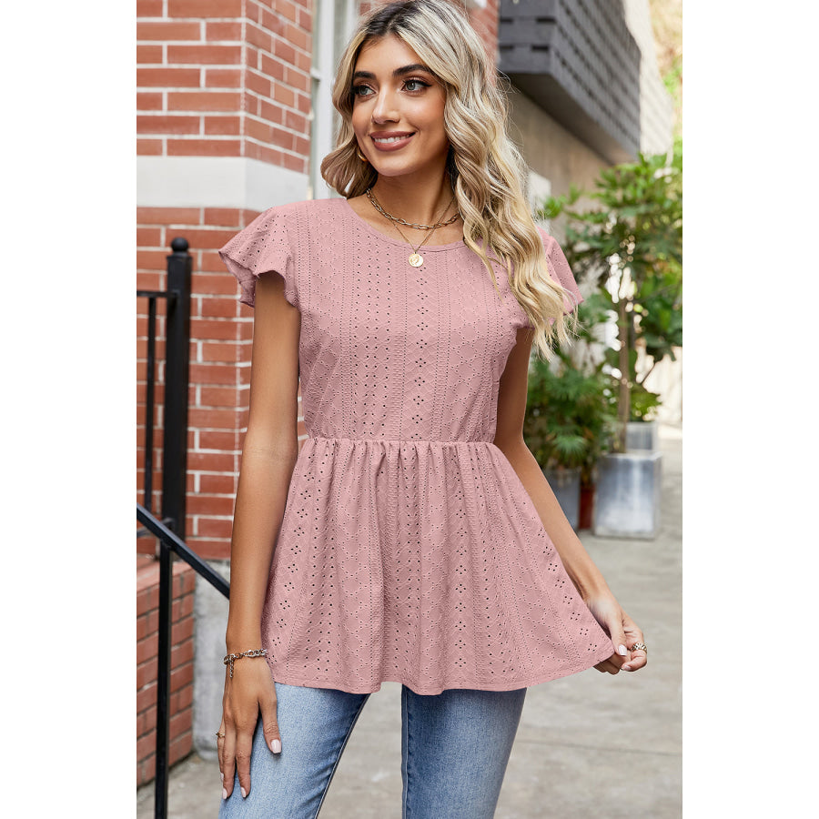 Tied Ruffled Round Neck Peplum T - Shirt Pale Blush / S Apparel and Accessories