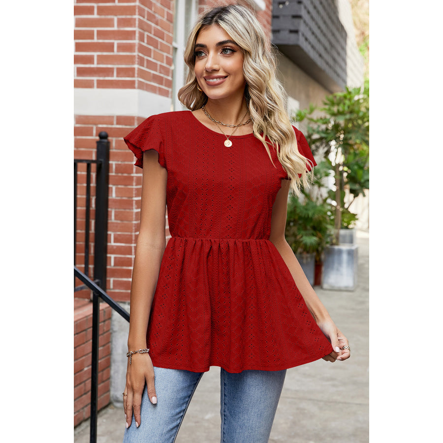 Tied Ruffled Round Neck Peplum T - Shirt Scarlet / S Apparel and Accessories