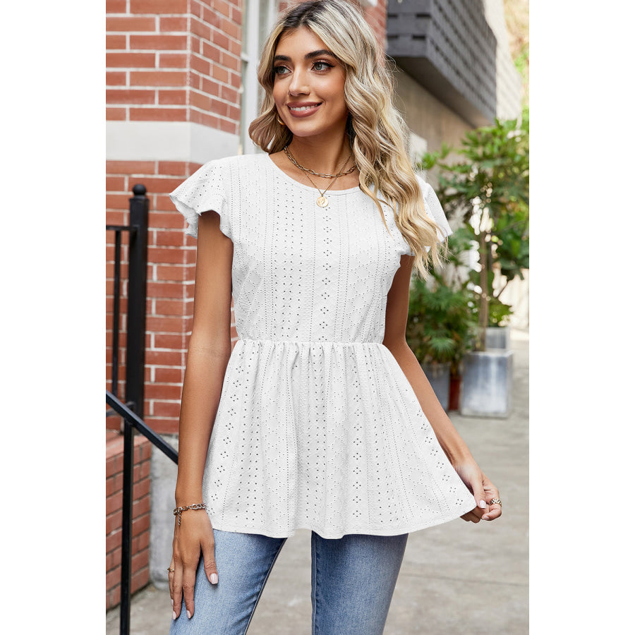 Tied Ruffled Round Neck Peplum T - Shirt White / S Apparel and Accessories