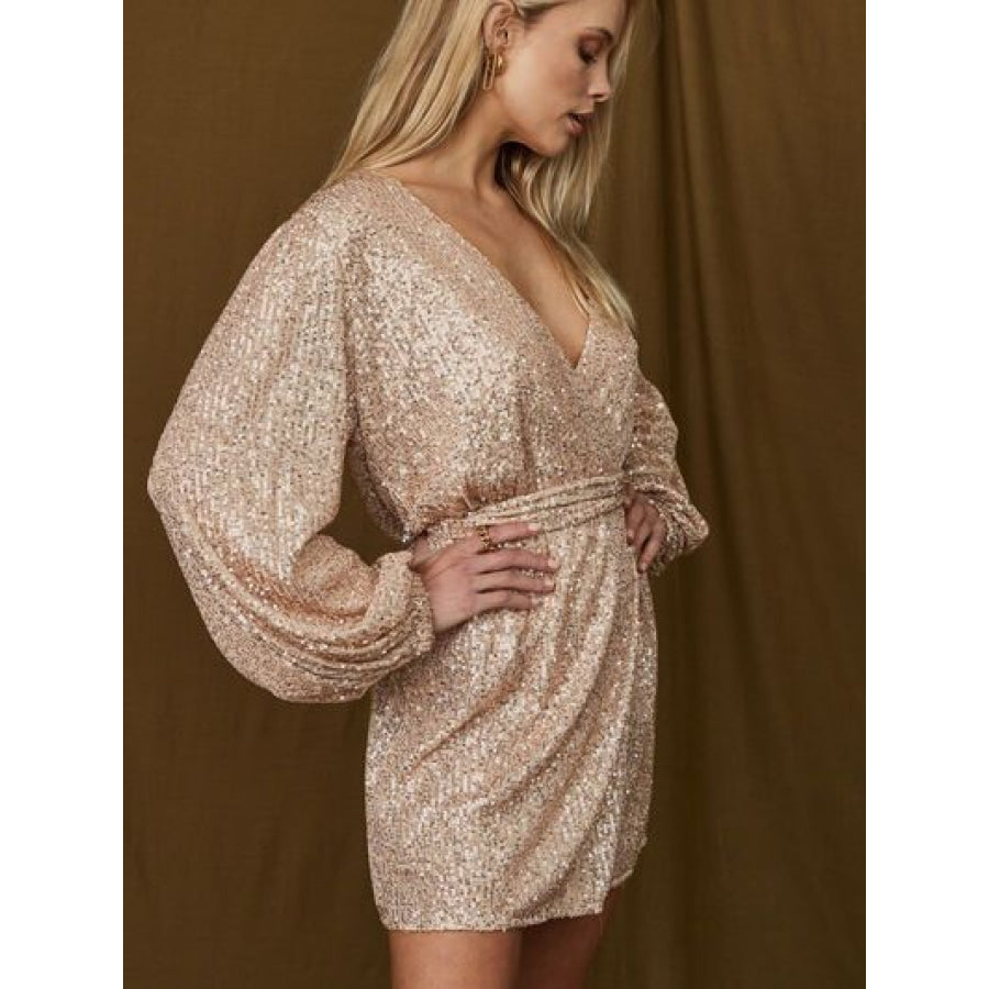 Tied Sequin Surplice Balloon Sleeve Dress Apparel and Accessories