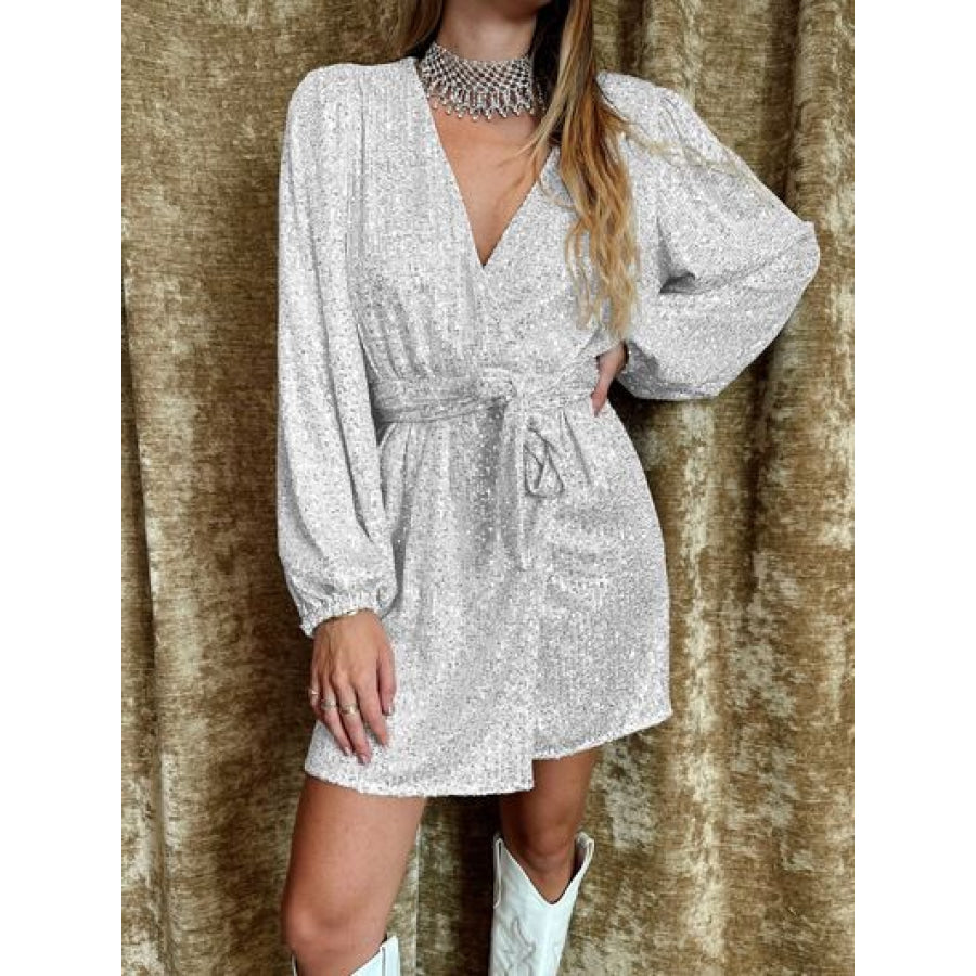 Tied Sequin Surplice Balloon Sleeve Dress White / S Apparel and Accessories