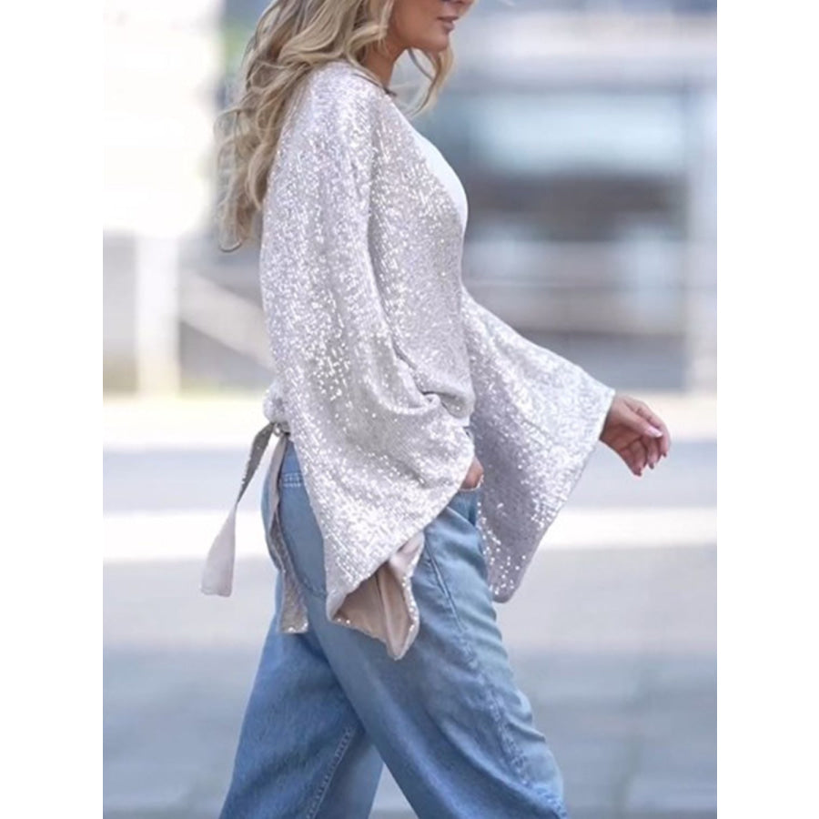 Tied Sequin Surplice Flare Sleeve Blouse White / S Apparel and Accessories