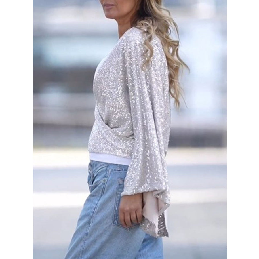 Tied Sequin Surplice Flare Sleeve Blouse Apparel and Accessories