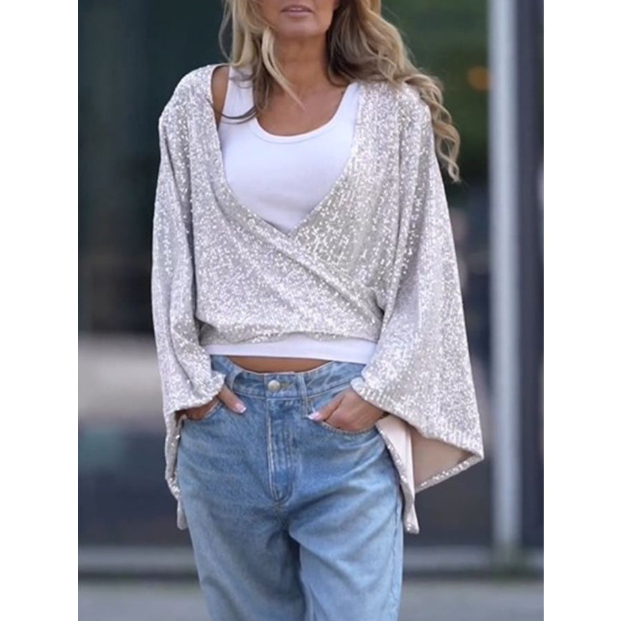 Tied Sequin Surplice Flare Sleeve Blouse White / S Apparel and Accessories