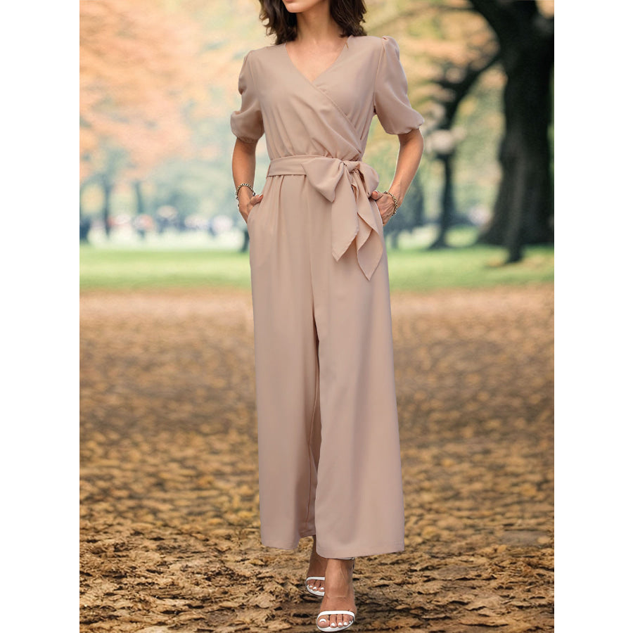 Tied Short Sleeve Wide Leg Jumpsuit Apparel and Accessories