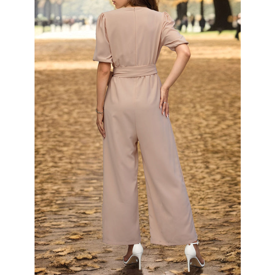 Tied Short Sleeve Wide Leg Jumpsuit Tan / S Apparel and Accessories