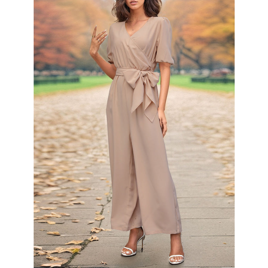Tied Short Sleeve Wide Leg Jumpsuit Apparel and Accessories
