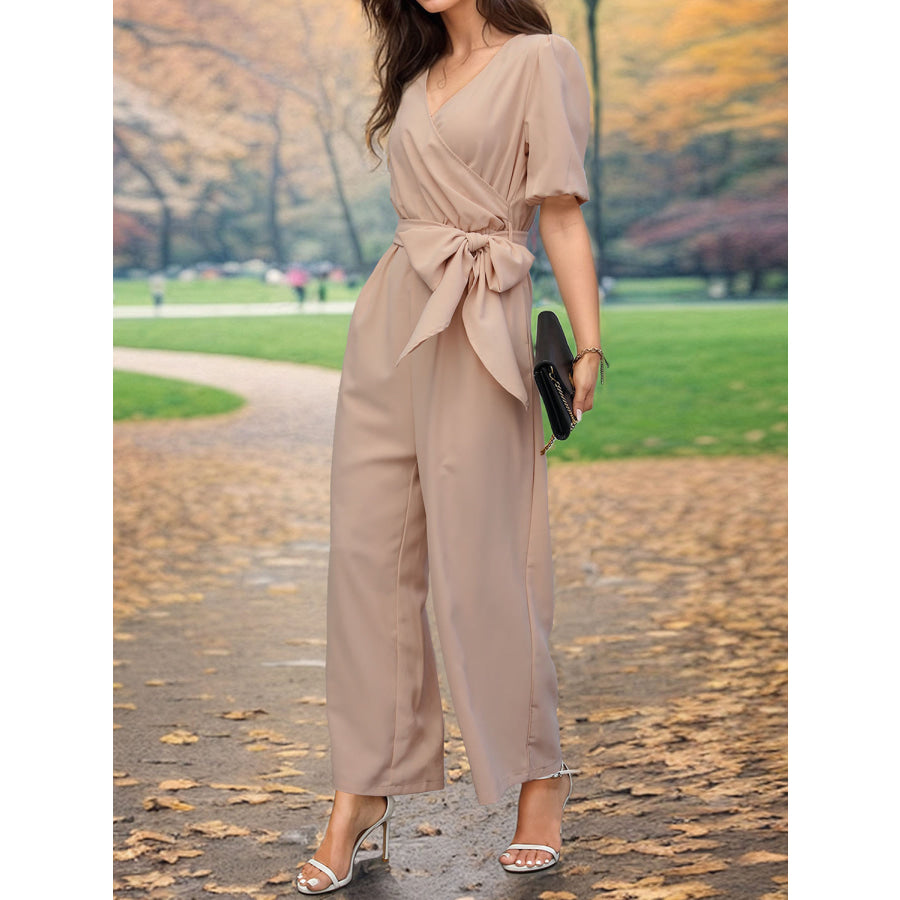 Tied Short Sleeve Wide Leg Jumpsuit Apparel and Accessories