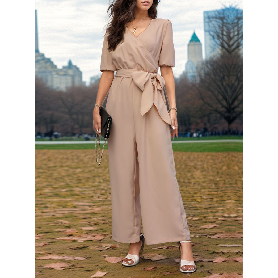 Tied Short Sleeve Wide Leg Jumpsuit Tan / S Apparel and Accessories