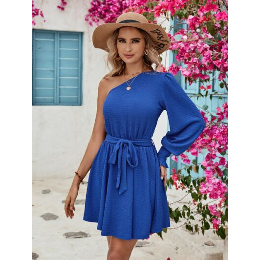 Tied Single Shoulder Lantern Sleeve Dress Apparel and Accessories