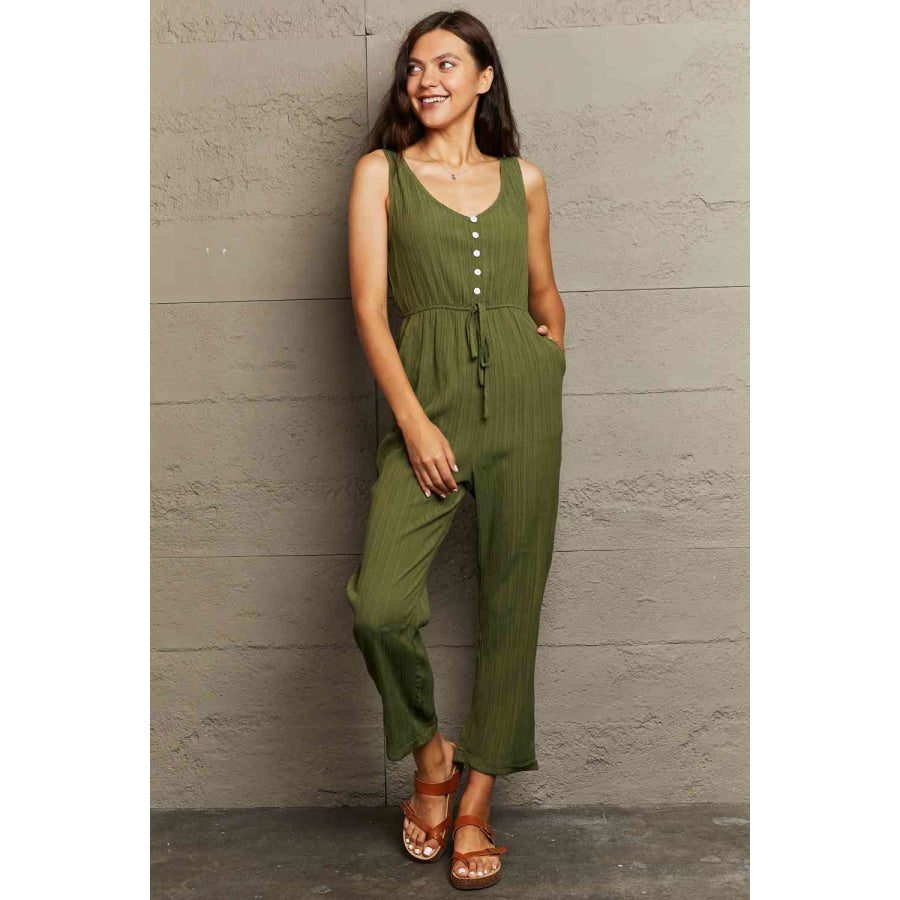 Tied Sleeveless Jumpsuit with Pockets Moss / S Apparel and Accessories