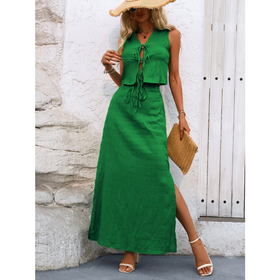 Tied Sleeveless Top and Slit Skirt Set Apparel and Accessories