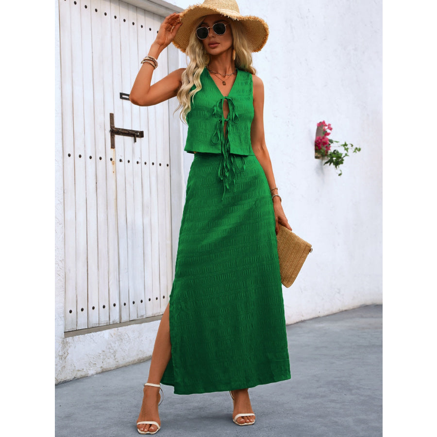 Tied Sleeveless Top and Slit Skirt Set Green / S Apparel and Accessories