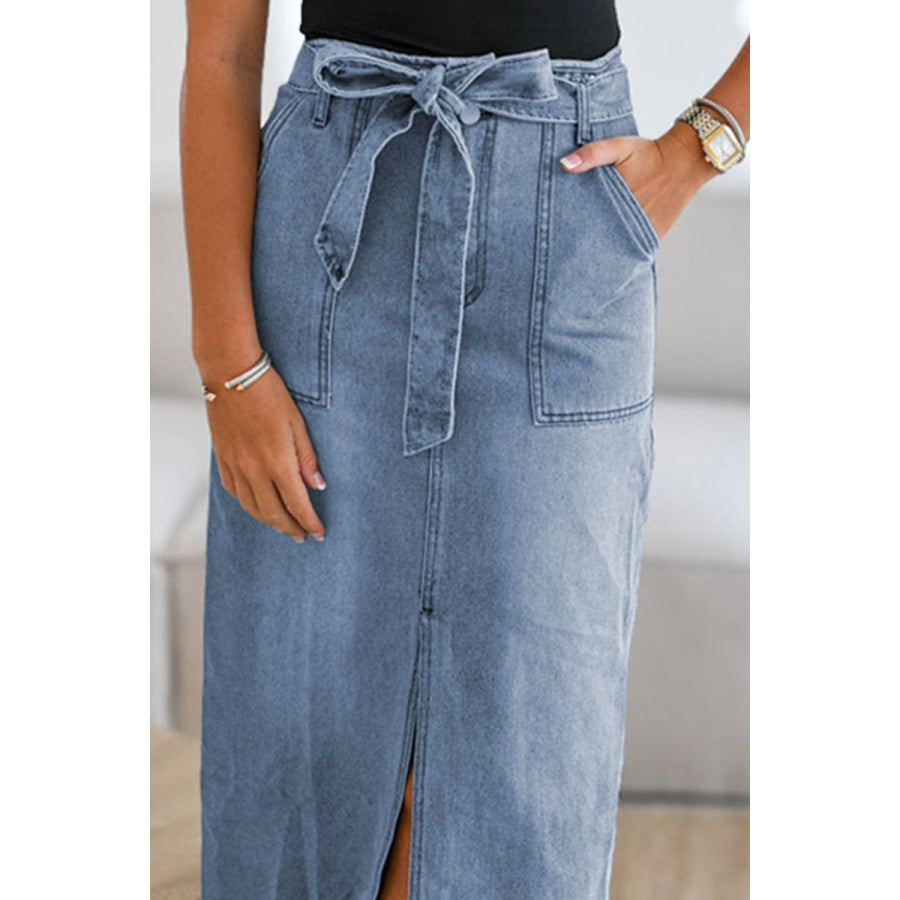 Tied Slit Denim Skirt Apparel and Accessories