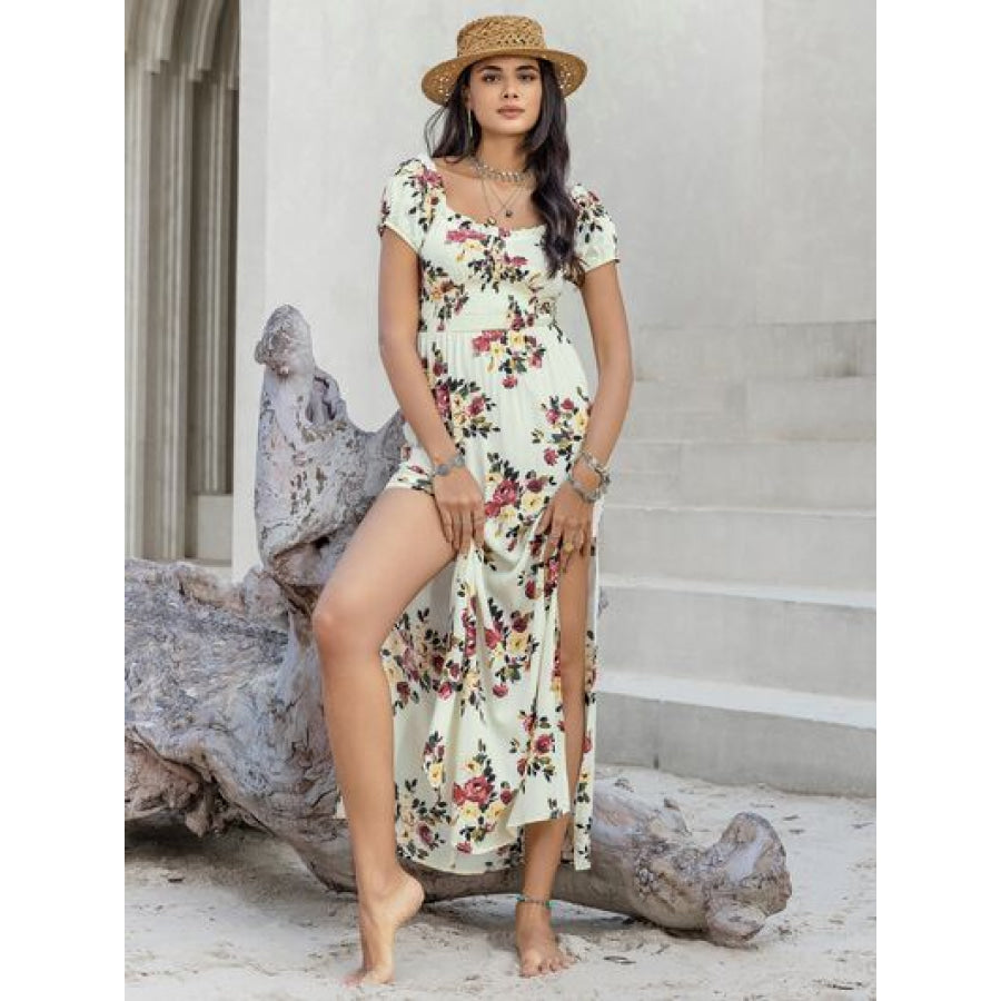 Tied Slit Floral Short Sleeve Dress Apparel and Accessories