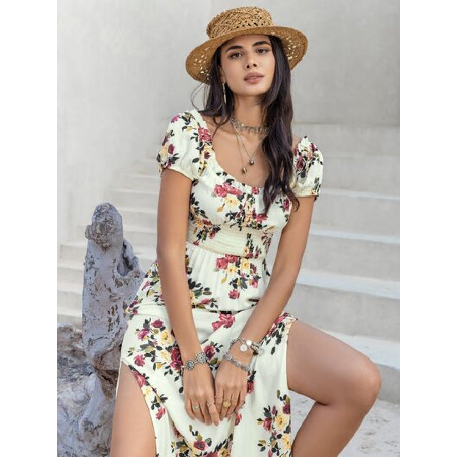 Tied Slit Floral Short Sleeve Dress Apparel and Accessories