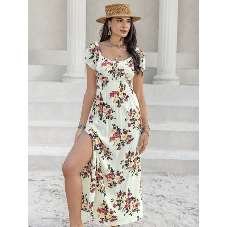 Tied Slit Floral Short Sleeve Dress Apparel and Accessories