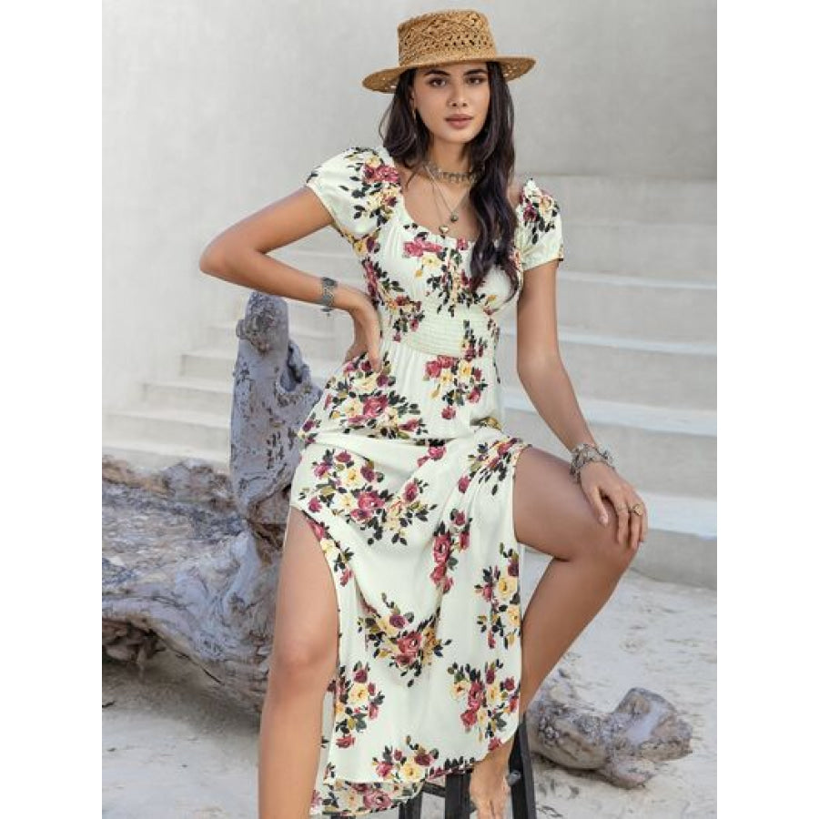 Tied Slit Floral Short Sleeve Dress Apparel and Accessories