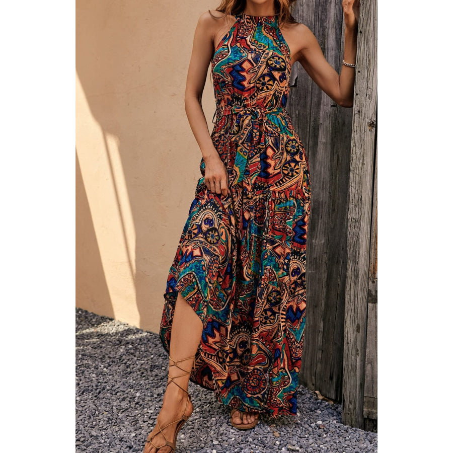 Tied Slit Floral Sleeveless Dress Apparel and Accessories