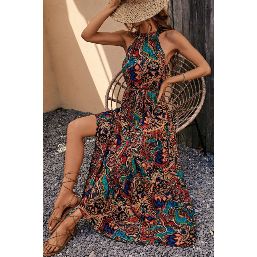 Tied Slit Floral Sleeveless Dress Chestnut / S Apparel and Accessories