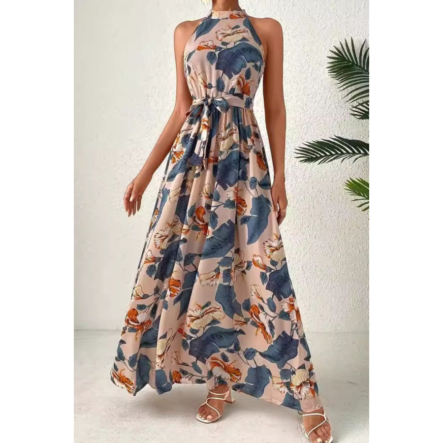 Tied Slit Floral Sleeveless Dress Dusty Blue / S Apparel and Accessories