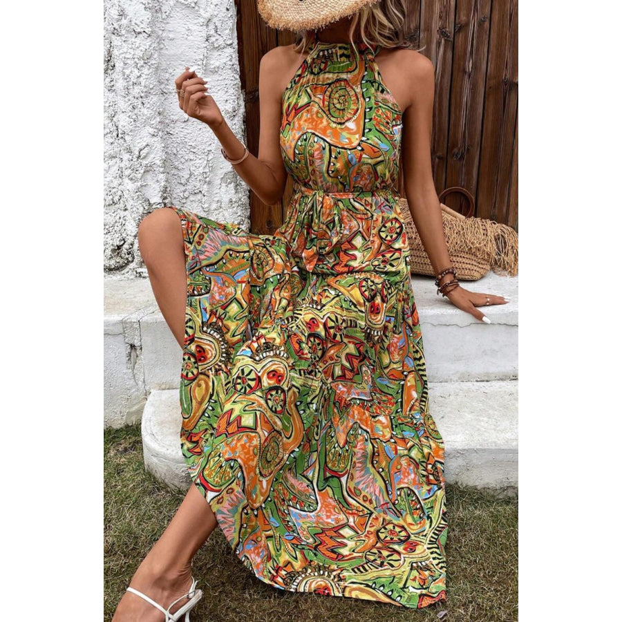 Tied Slit Floral Sleeveless Dress Mid Green / S Apparel and Accessories