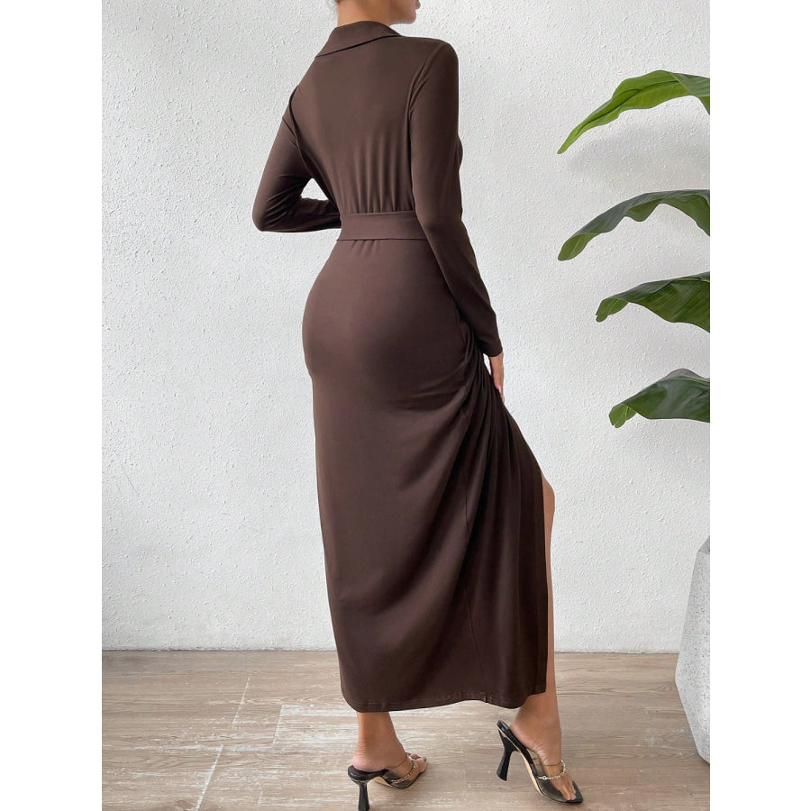 Tied Slit Long Sleeve Wrap Dress Chocolate / S Apparel and Accessories