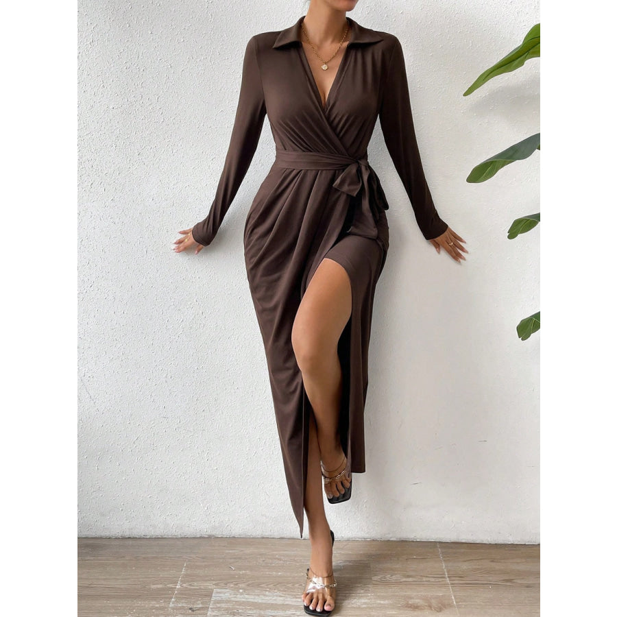 Tied Slit Long Sleeve Wrap Dress Apparel and Accessories