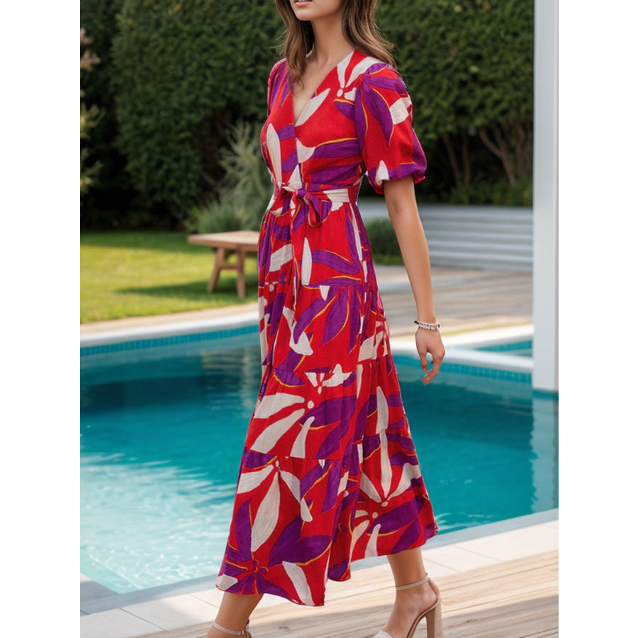 Tied Slit Printed Half Sleeve Midi Dress Deep Red / S Apparel and Accessories