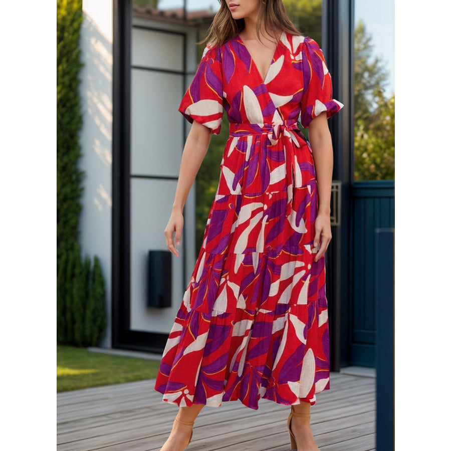 Tied Slit Printed Half Sleeve Midi Dress Deep Red / S Apparel and Accessories