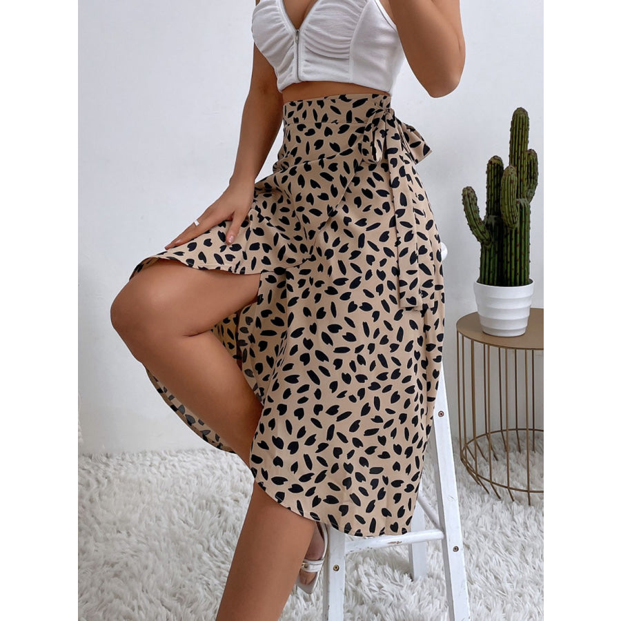 Tied Slit Printed Skirt Tan / S Apparel and Accessories