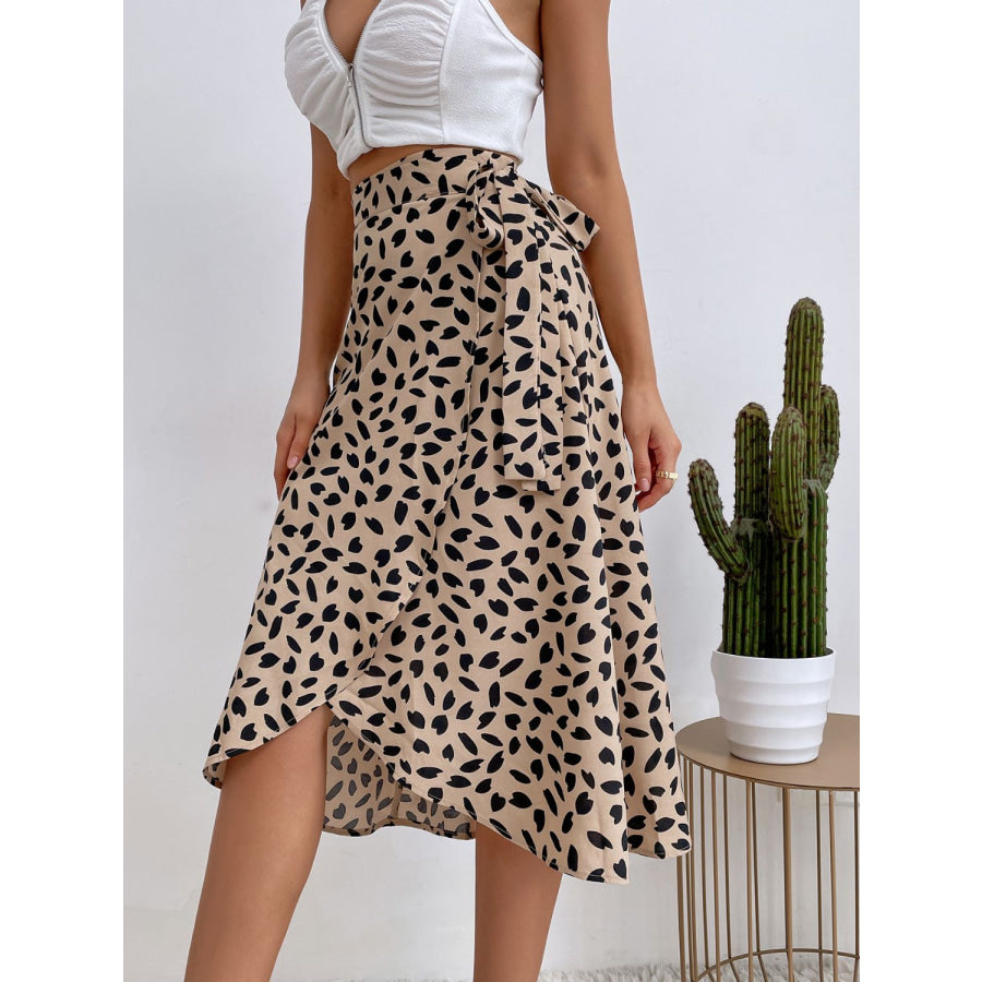 Tied Slit Printed Skirt Tan / S Apparel and Accessories