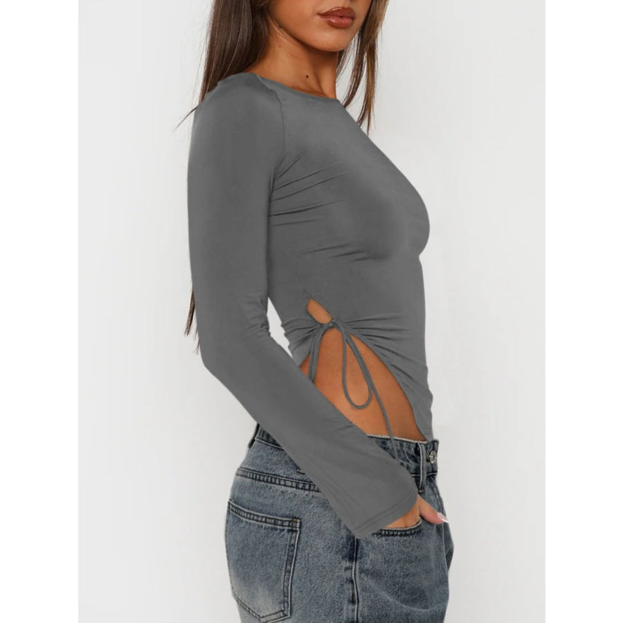 Tied Slit Round Neck Long Sleeve T-Shirt Apparel and Accessories