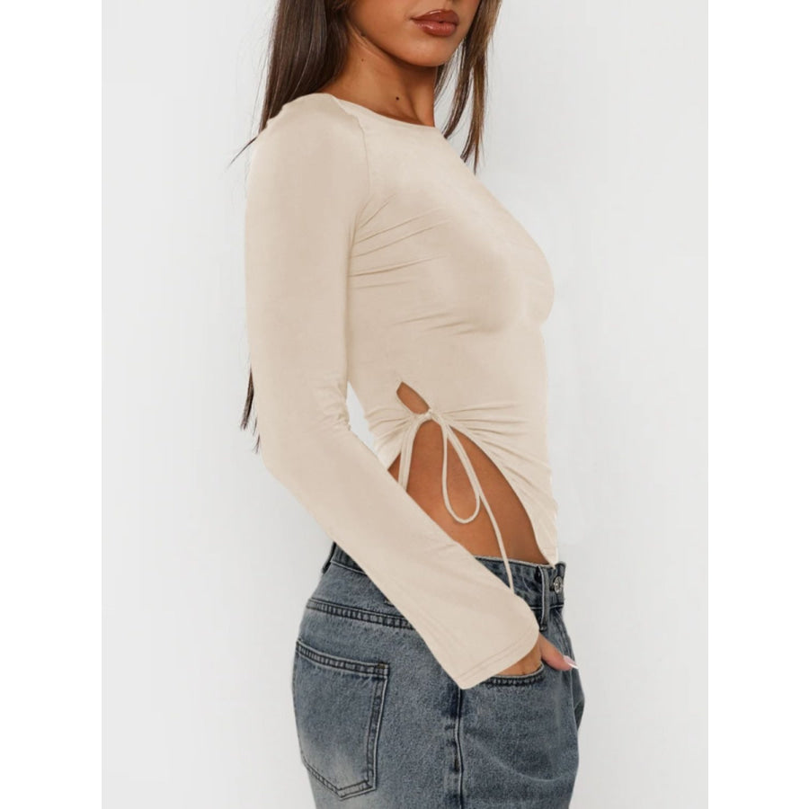 Tied Slit Round Neck Long Sleeve T-Shirt Apparel and Accessories