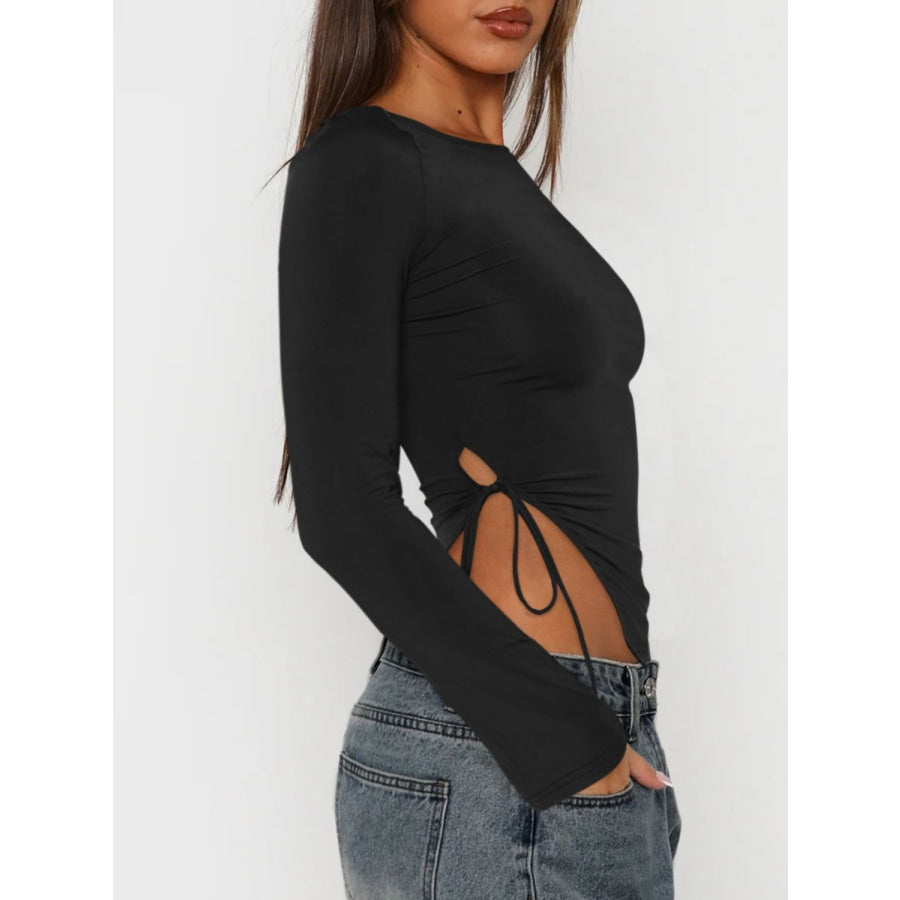 Tied Slit Round Neck Long Sleeve T-Shirt Apparel and Accessories