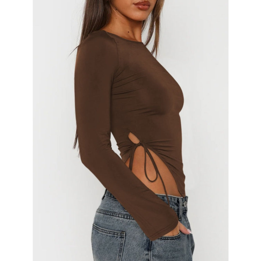 Tied Slit Round Neck Long Sleeve T-Shirt Apparel and Accessories