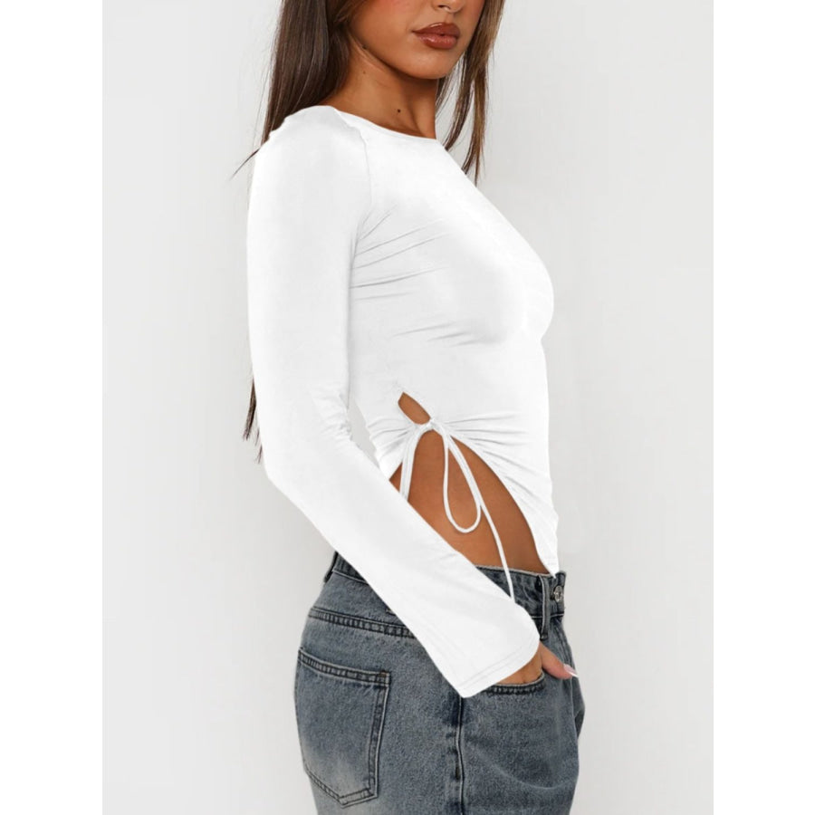 Tied Slit Round Neck Long Sleeve T-Shirt Apparel and Accessories