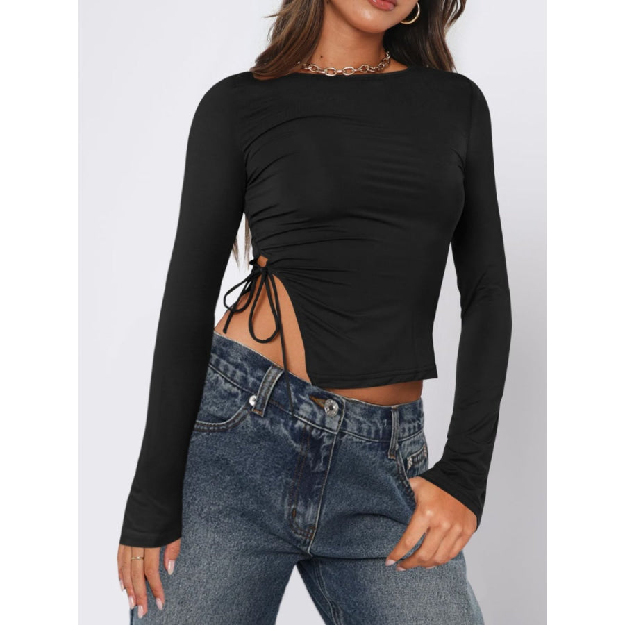 Tied Slit Round Neck Long Sleeve T-Shirt Black / S Apparel and Accessories