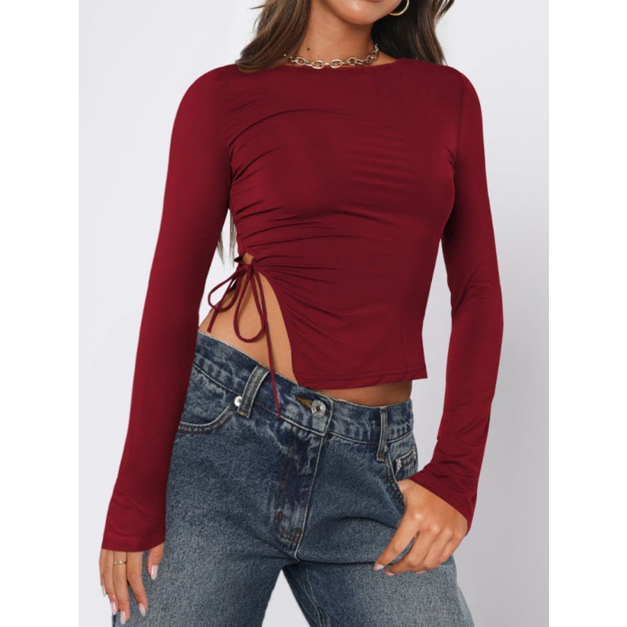 Tied Slit Round Neck Long Sleeve T-Shirt Burgundy / S Apparel and Accessories