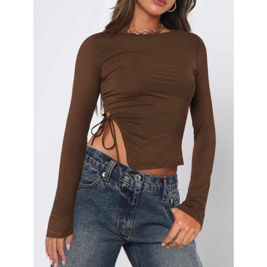 Tied Slit Round Neck Long Sleeve T-Shirt Chocolate / S Apparel and Accessories