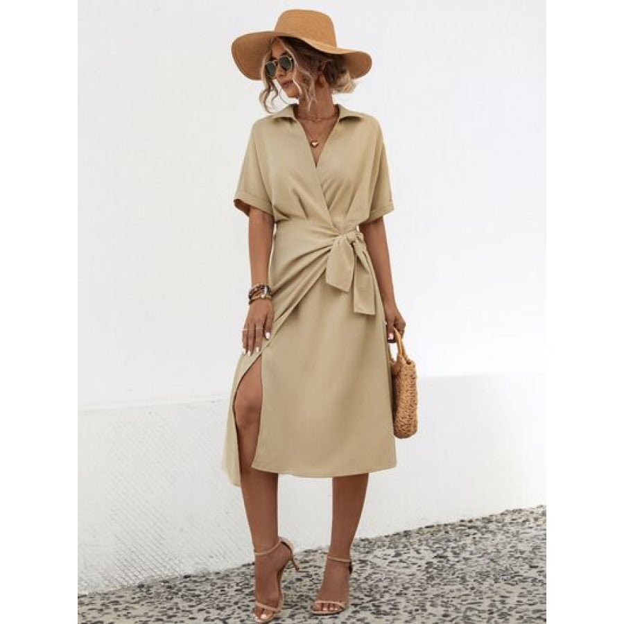 Tied Slit Short Sleeve Dress Apparel and Accessories