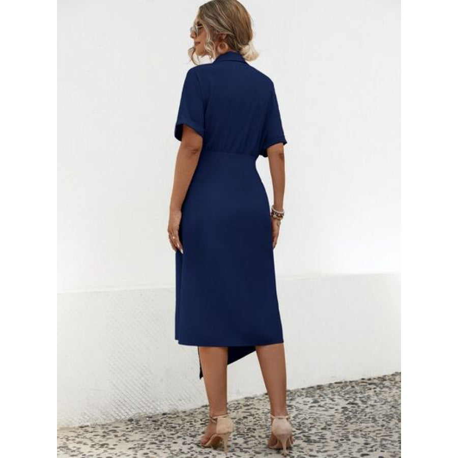 Tied Slit Short Sleeve Dress Navy / S Apparel and Accessories