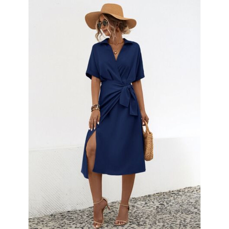 Tied Slit Short Sleeve Dress Apparel and Accessories