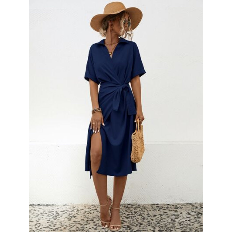 Tied Slit Short Sleeve Dress Navy / S Apparel and Accessories