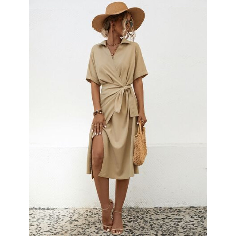 Tied Slit Short Sleeve Dress Tan / S Apparel and Accessories