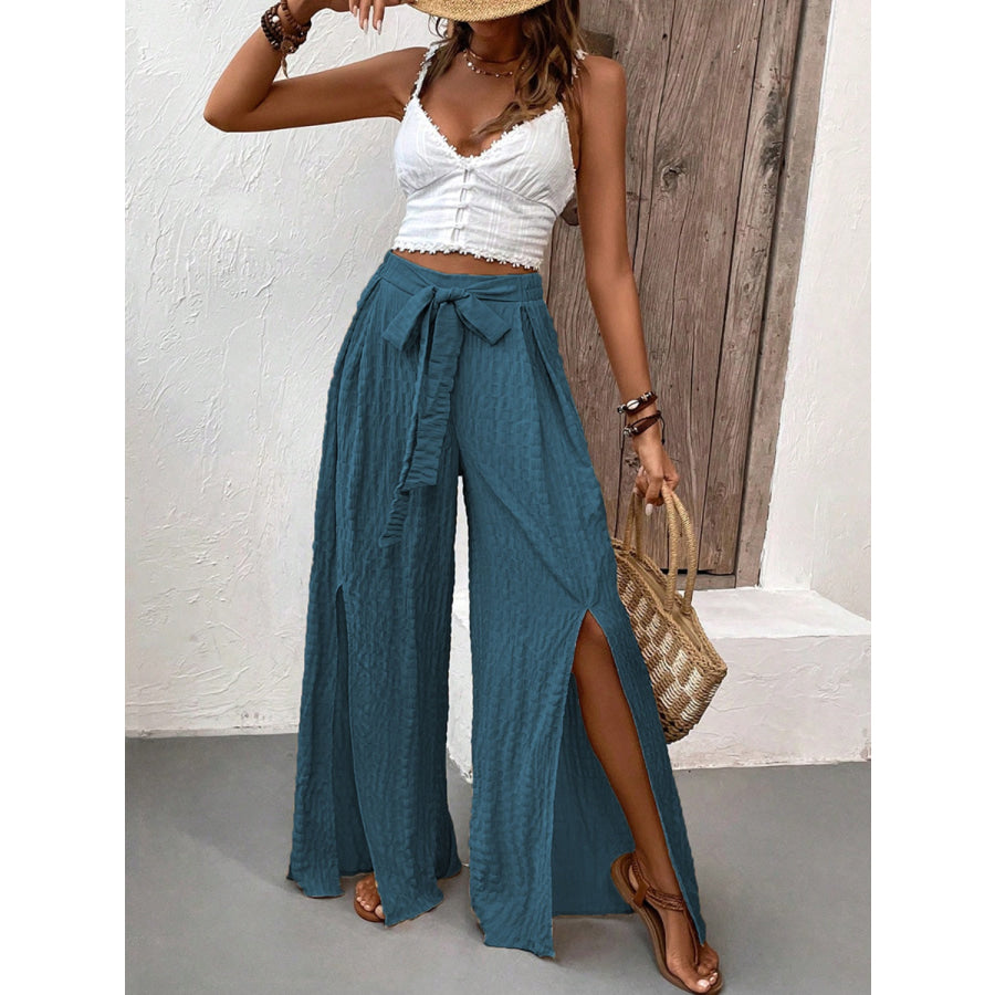 Tied Slit Wide Leg Pants Apparel and Accessories